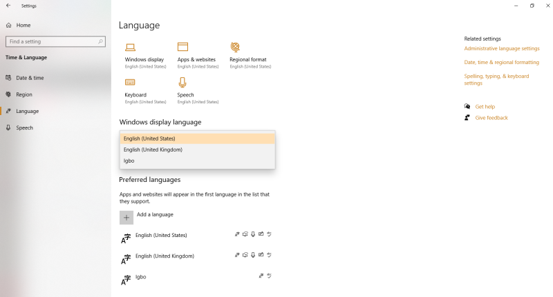 Language Packs Win 10 Language Pack installed