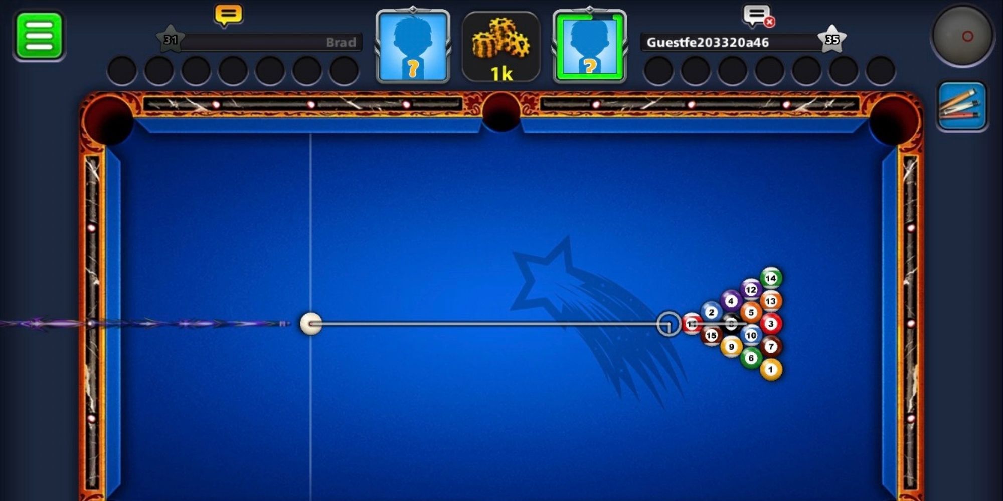 Image of a game on 8-Ball Pool by Miniclip's iOS app.
