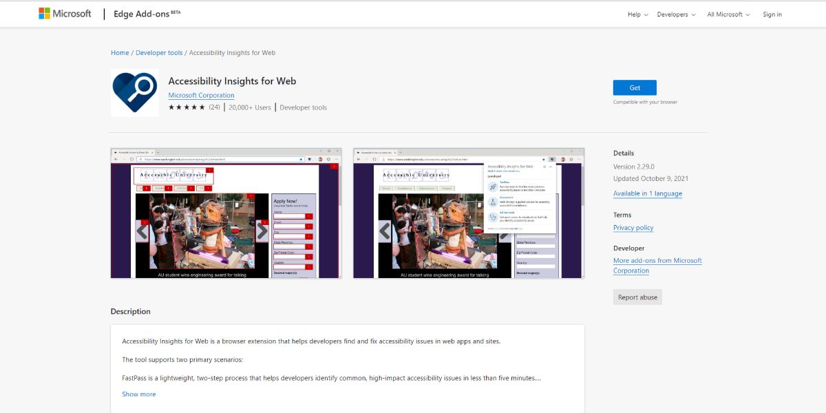 A view of the Accessibility Insights for Web add-on tool