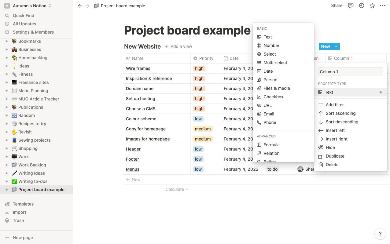 A project board in project management software with open menus