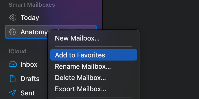 Add to Favorites option for Smart Mailbox in Mail on Mac