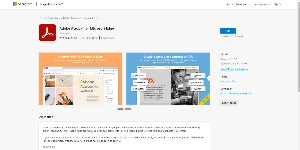 A visual of the Adobe Acrobat add-on for Microsoft Edge