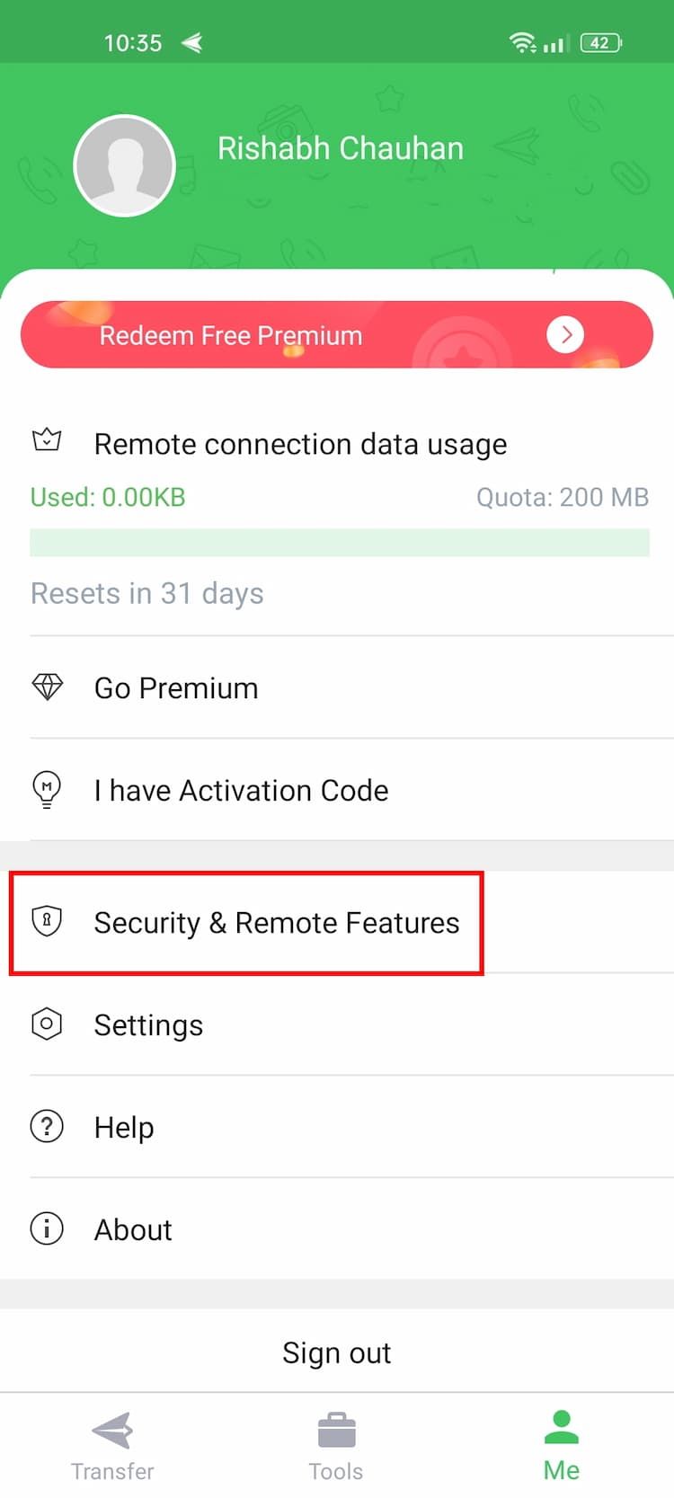 Page des paramètres de l'application AirDroid avec option en surbrillance