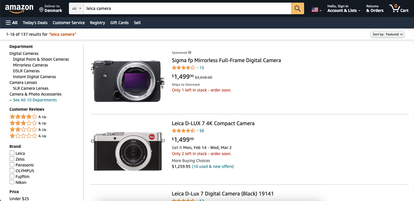 Screenshot showing page on Amazon for cameras 