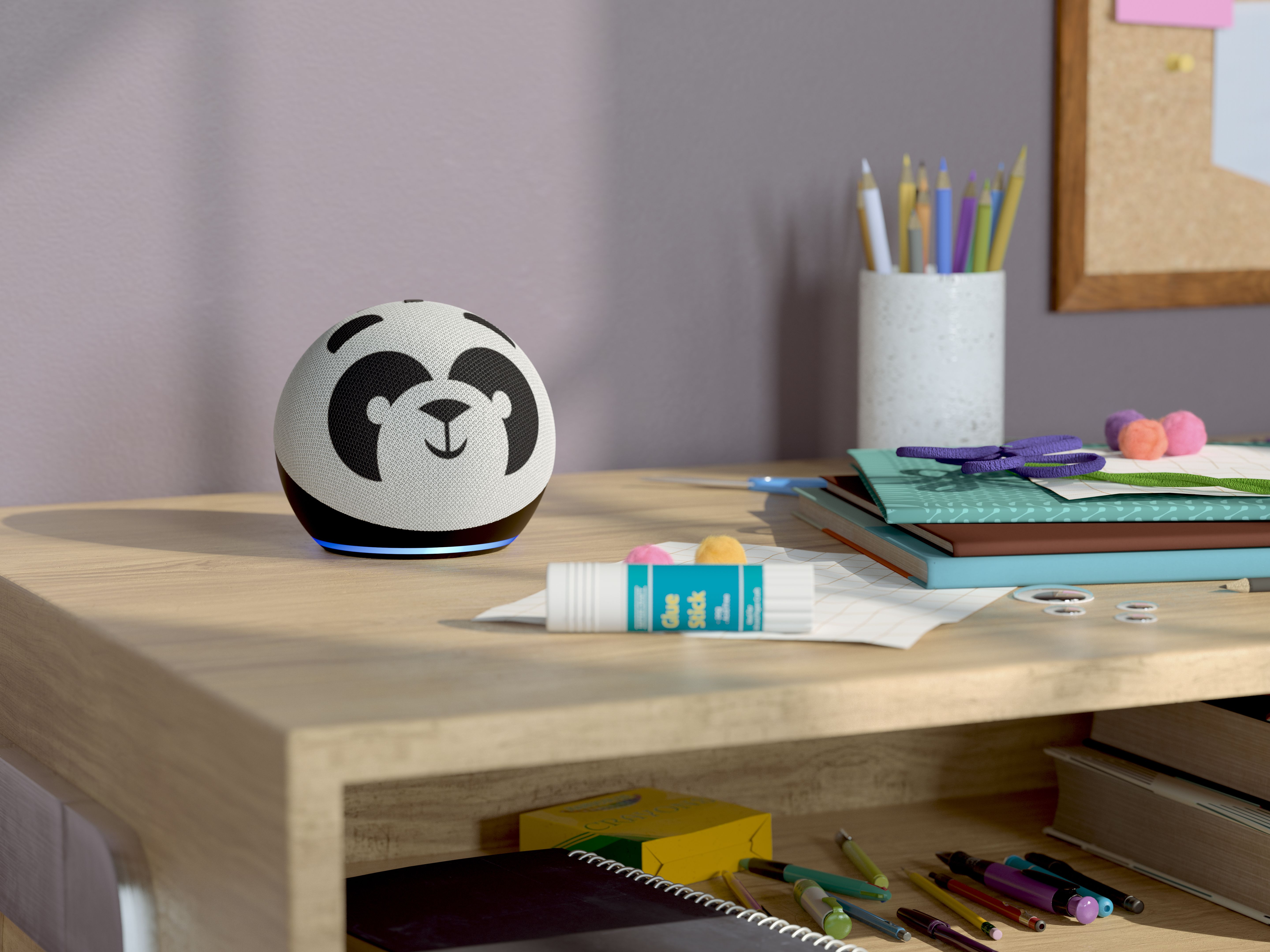 Amazon Echo Dot Kids Edition in a children's bedroom.