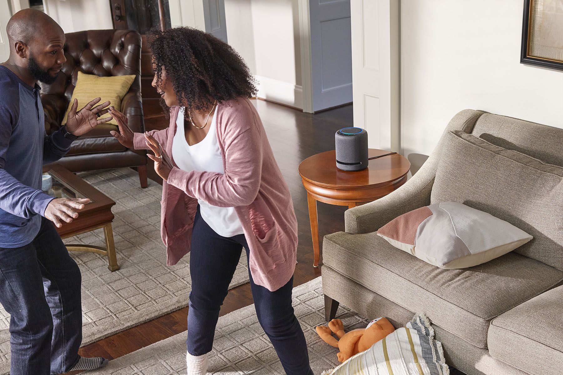 Amazon Echo Studio in a living room.