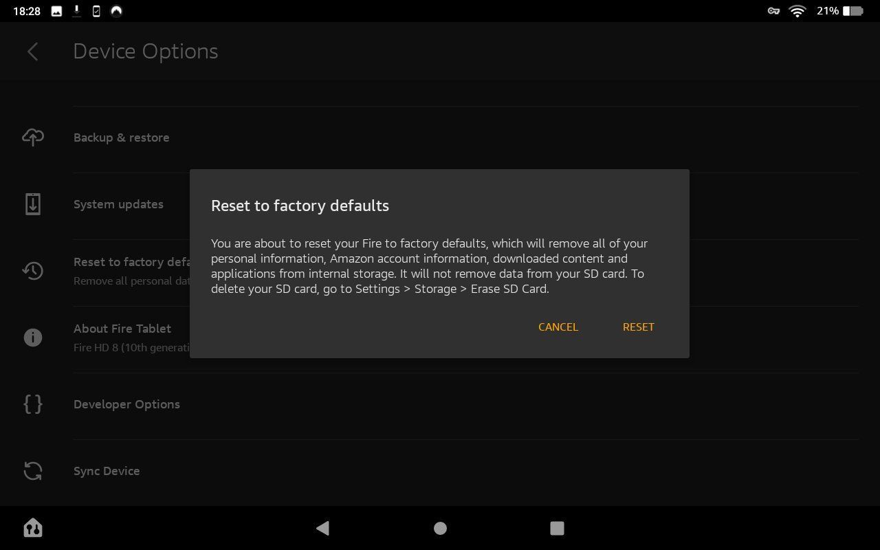 Amazon Fire Reset to Factory Settings