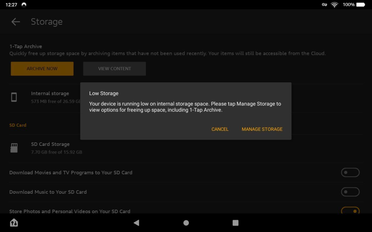 Amazon Fire Tablet Low on Storage Warning