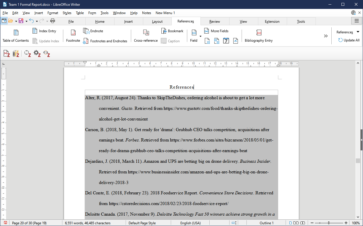 An extensive references list in LibreOffice Writer