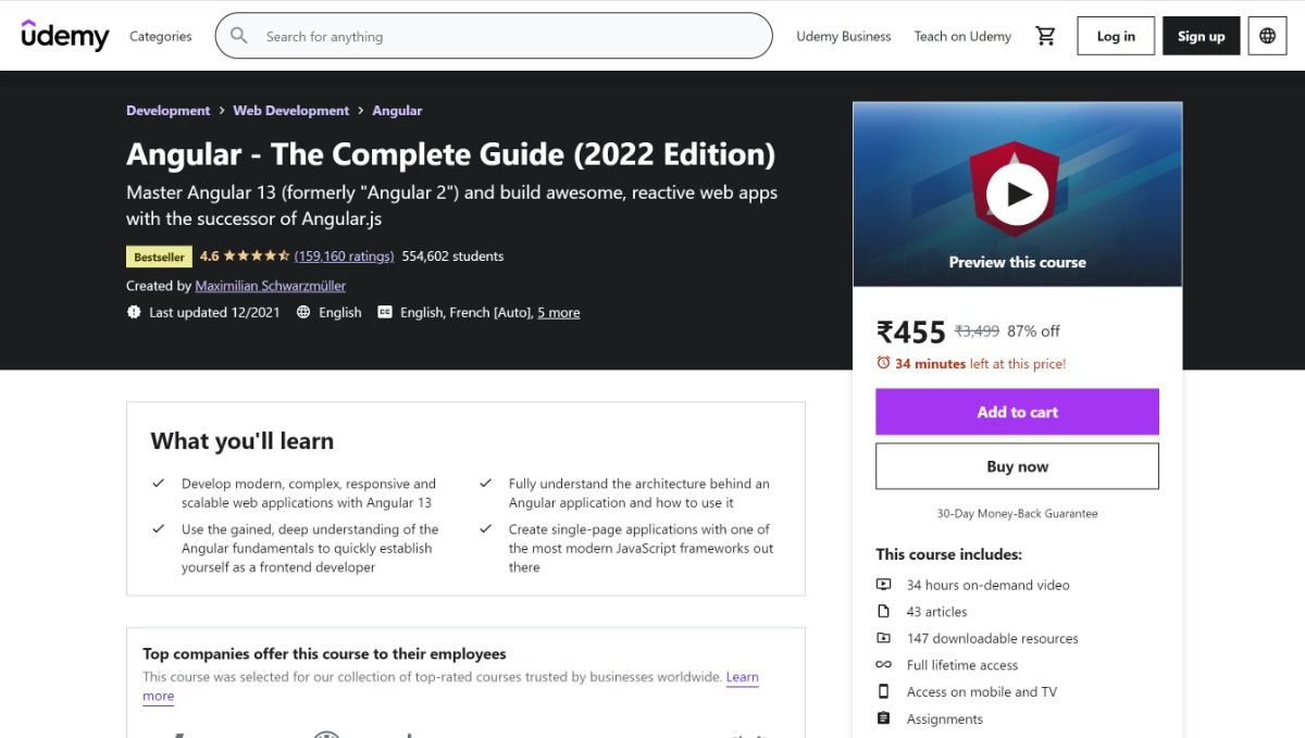 Angular - The Complete Guide (2022 Edition) course interface