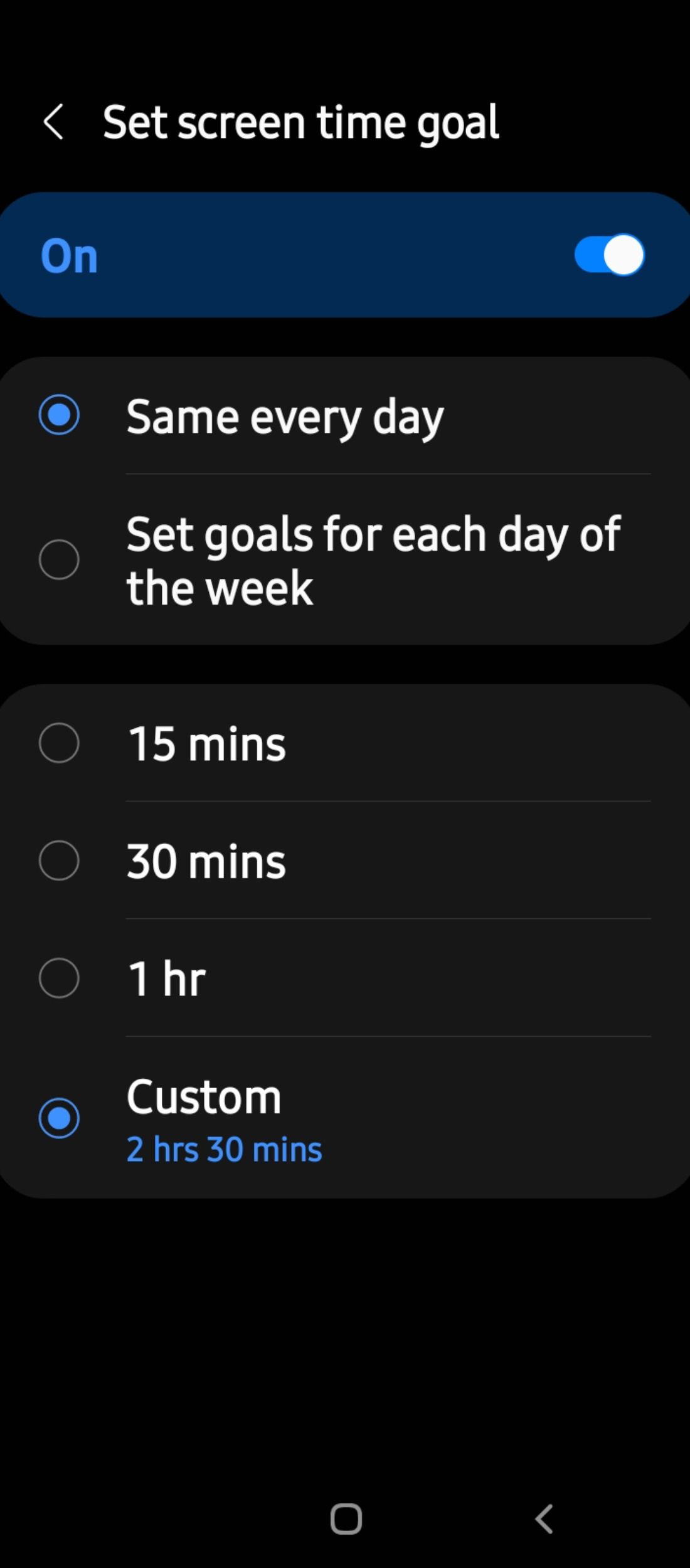 Screen time goals settings Samsung