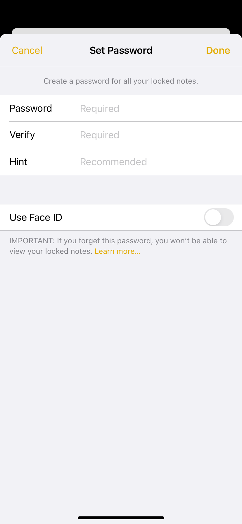 Image shows setting a password inside Apple Notes app
