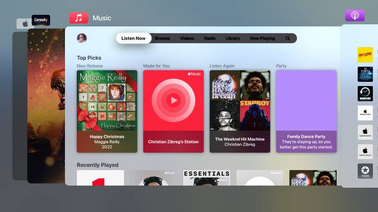 Tangkapan layar Apple TV yang menunjukkan pengalih aplikasi multitasking tvOS