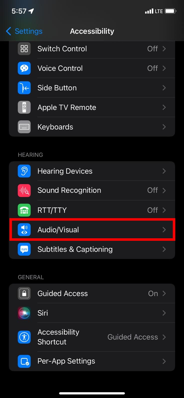 screen displaying Audio/Visual settings in iPhone
