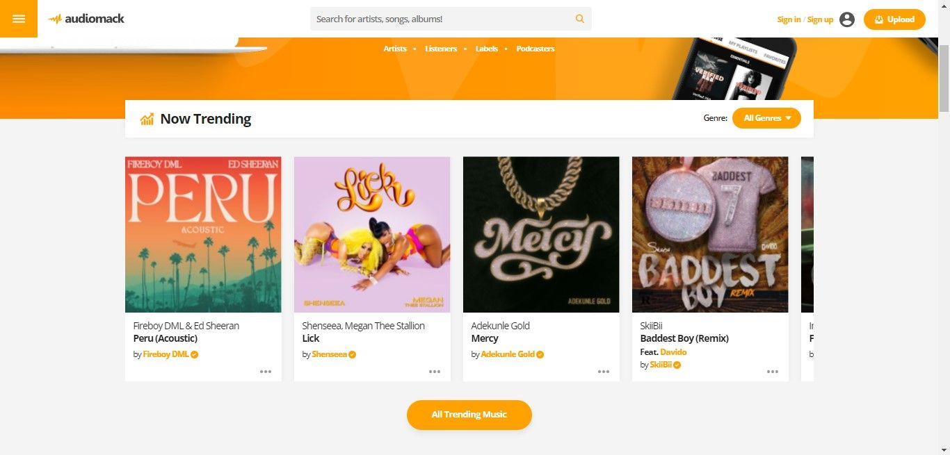 Audiomack website page with trending music