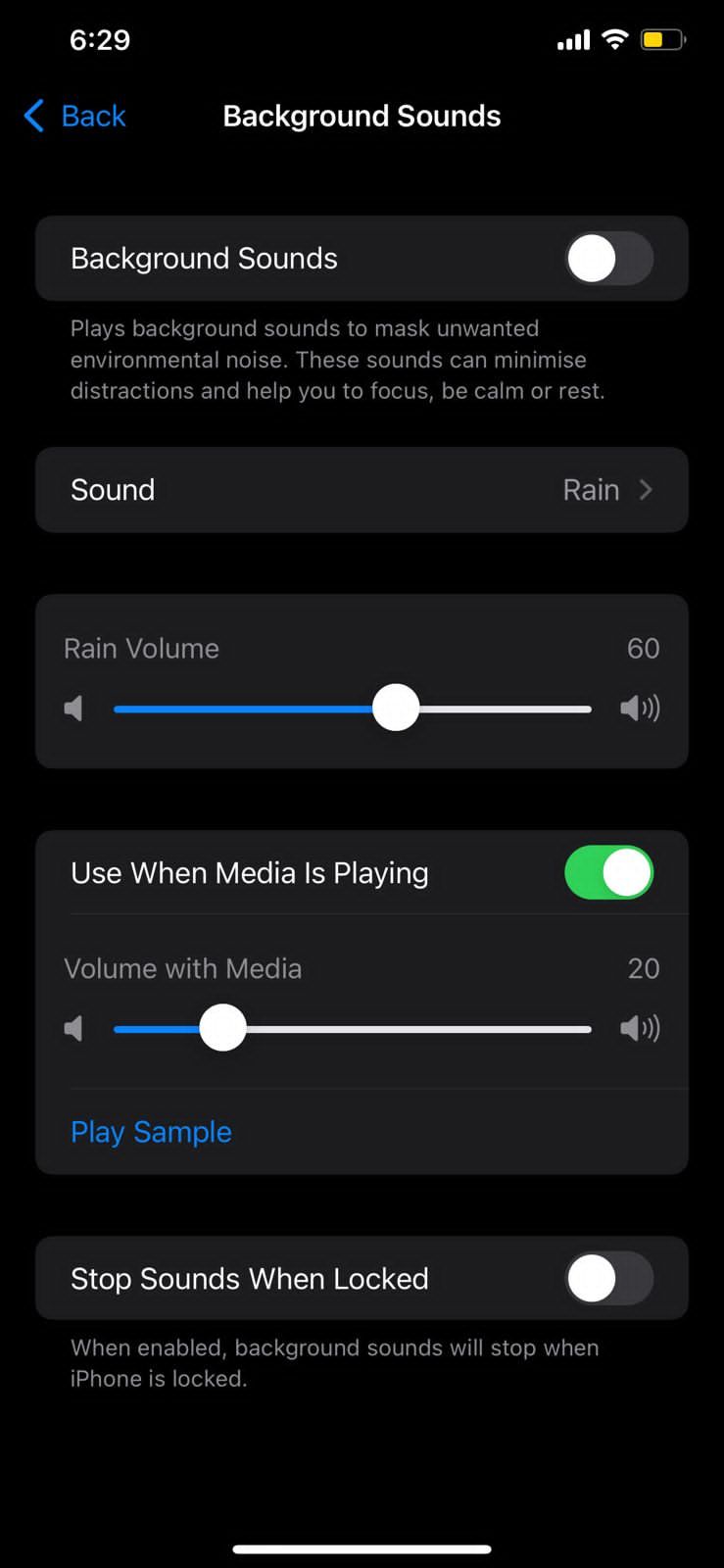 displaying extended settings for Background Sounds in iPhone
