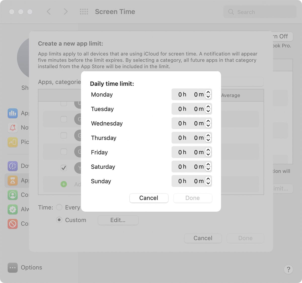 Custom Day Limit Schedule in Screen Time