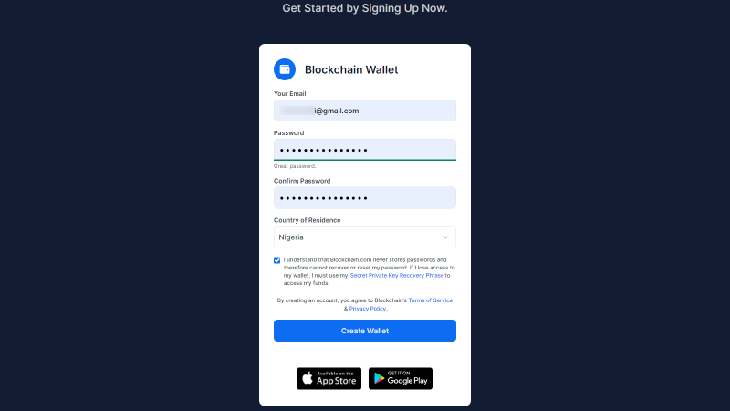 Blockchain Wallet enter form details click Create Wallet