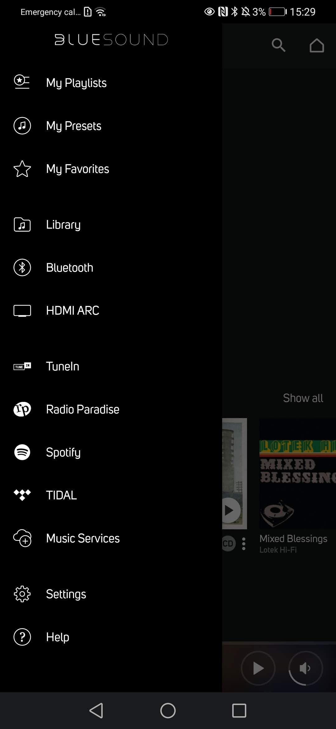 BluOS Android menu screen 