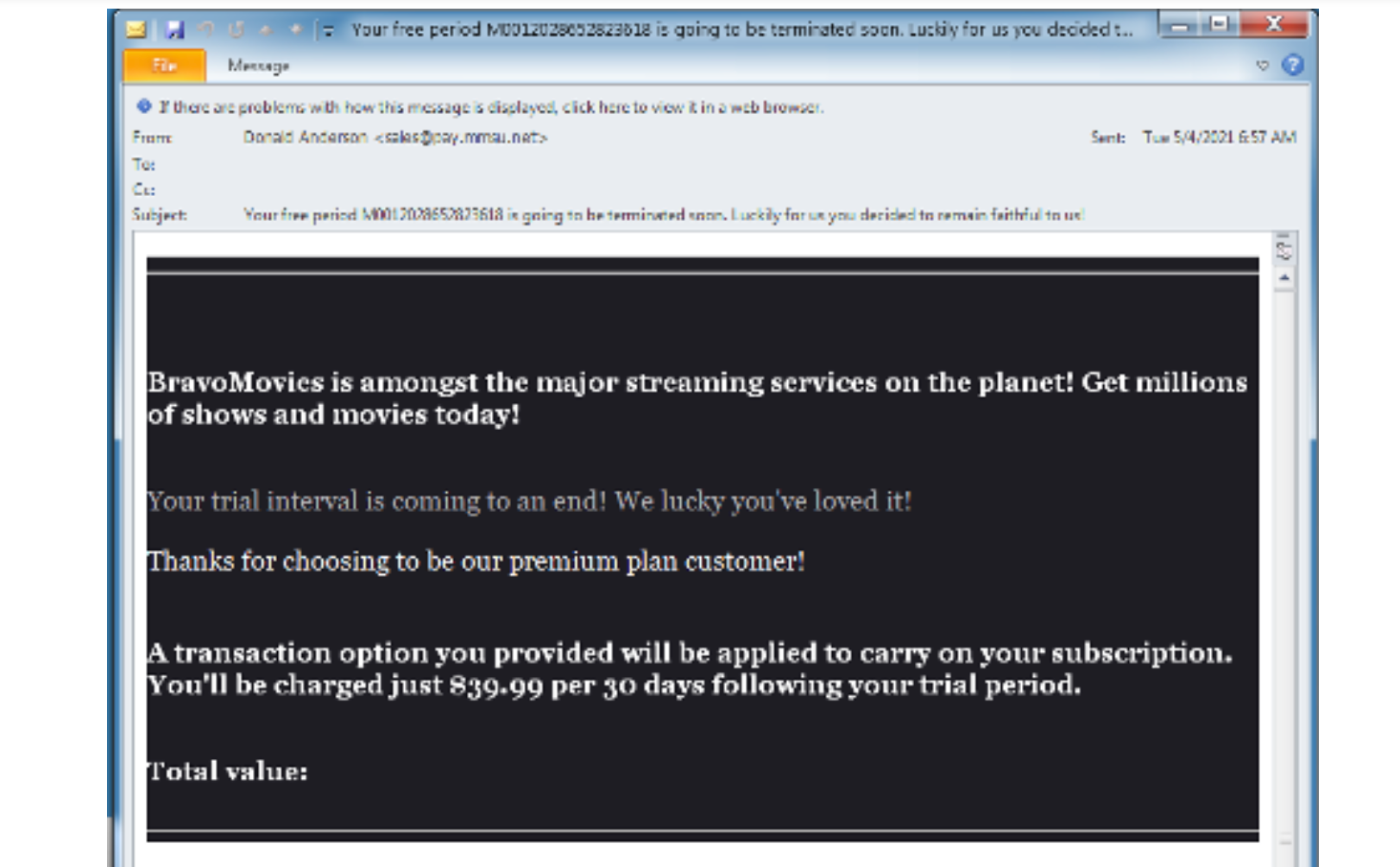 Fake email sent by BravoMovies to lure people to fake streaming website