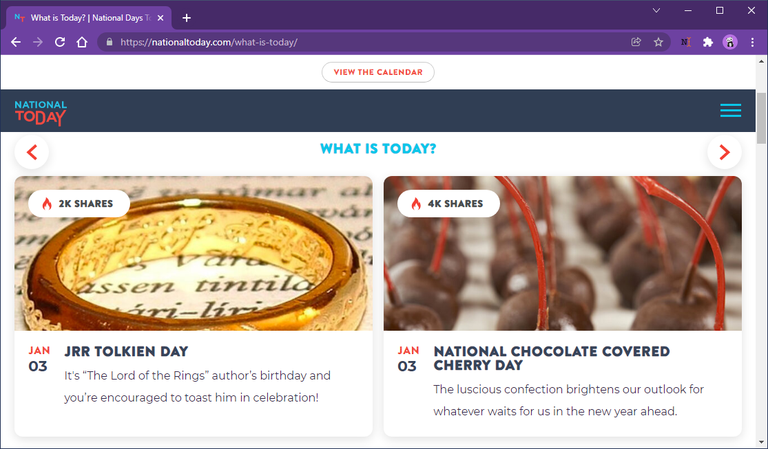 National Today Browser calendar in Google Chrome