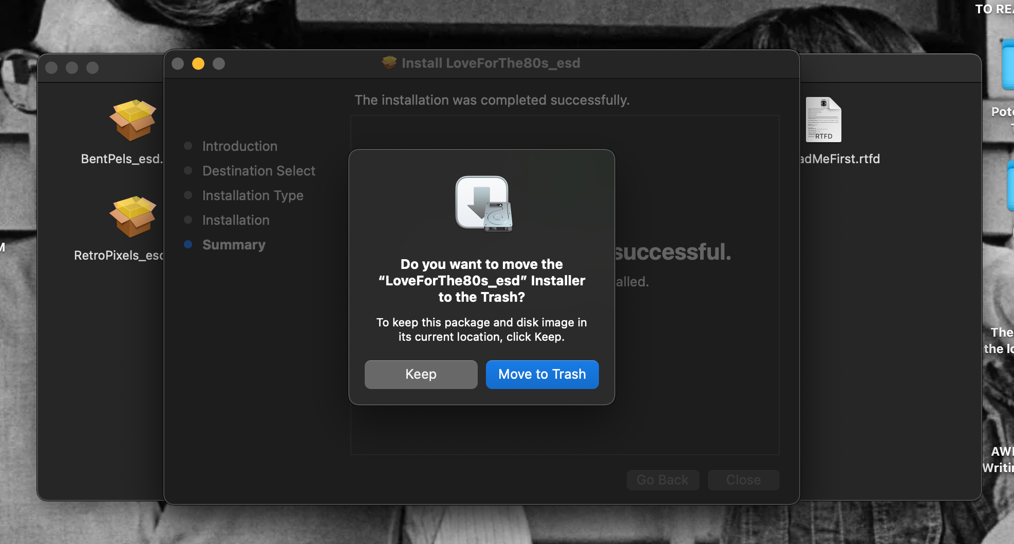 A CatEye effects package installer open on a Mac, asking about putting the completed installer in Trash
