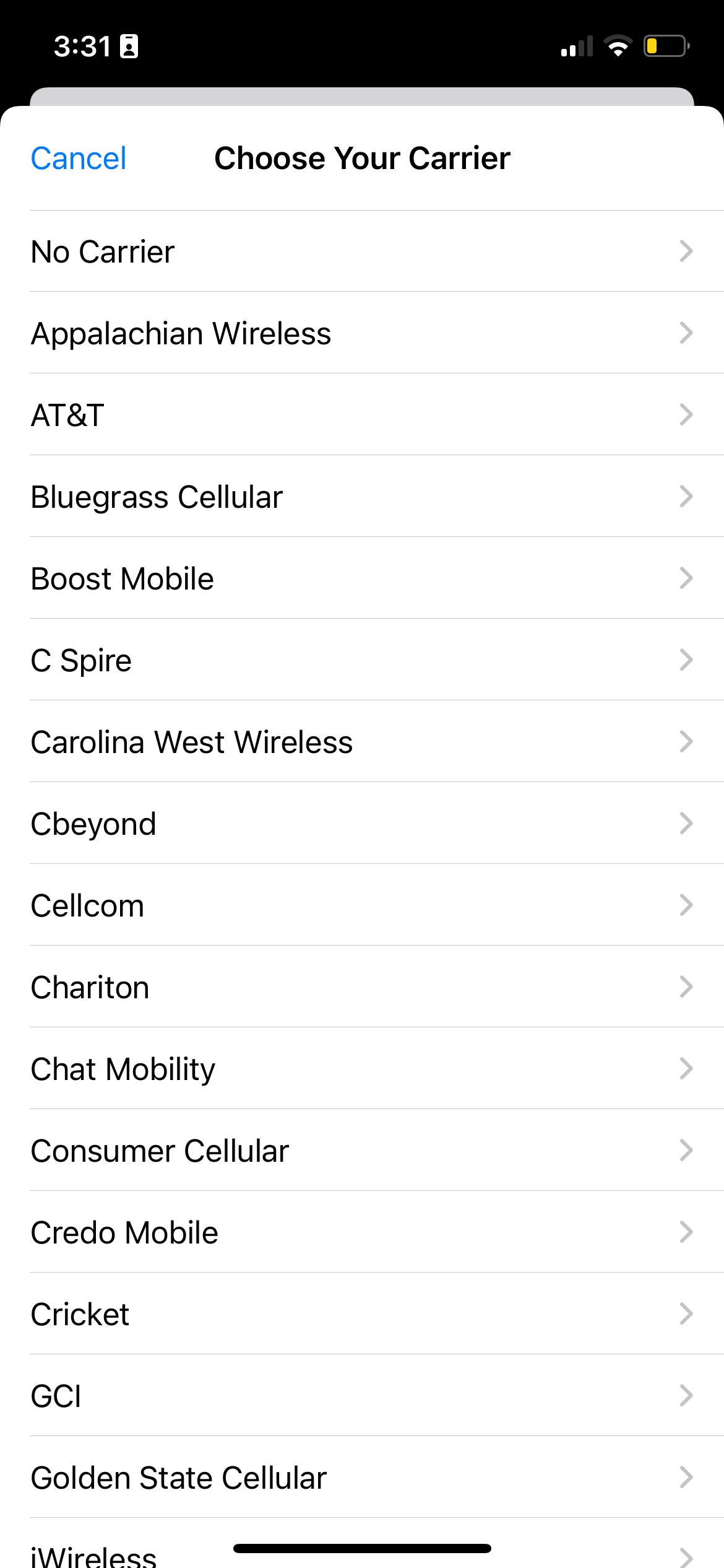 Choose your carrier option on Apple Support App for Apple Repair