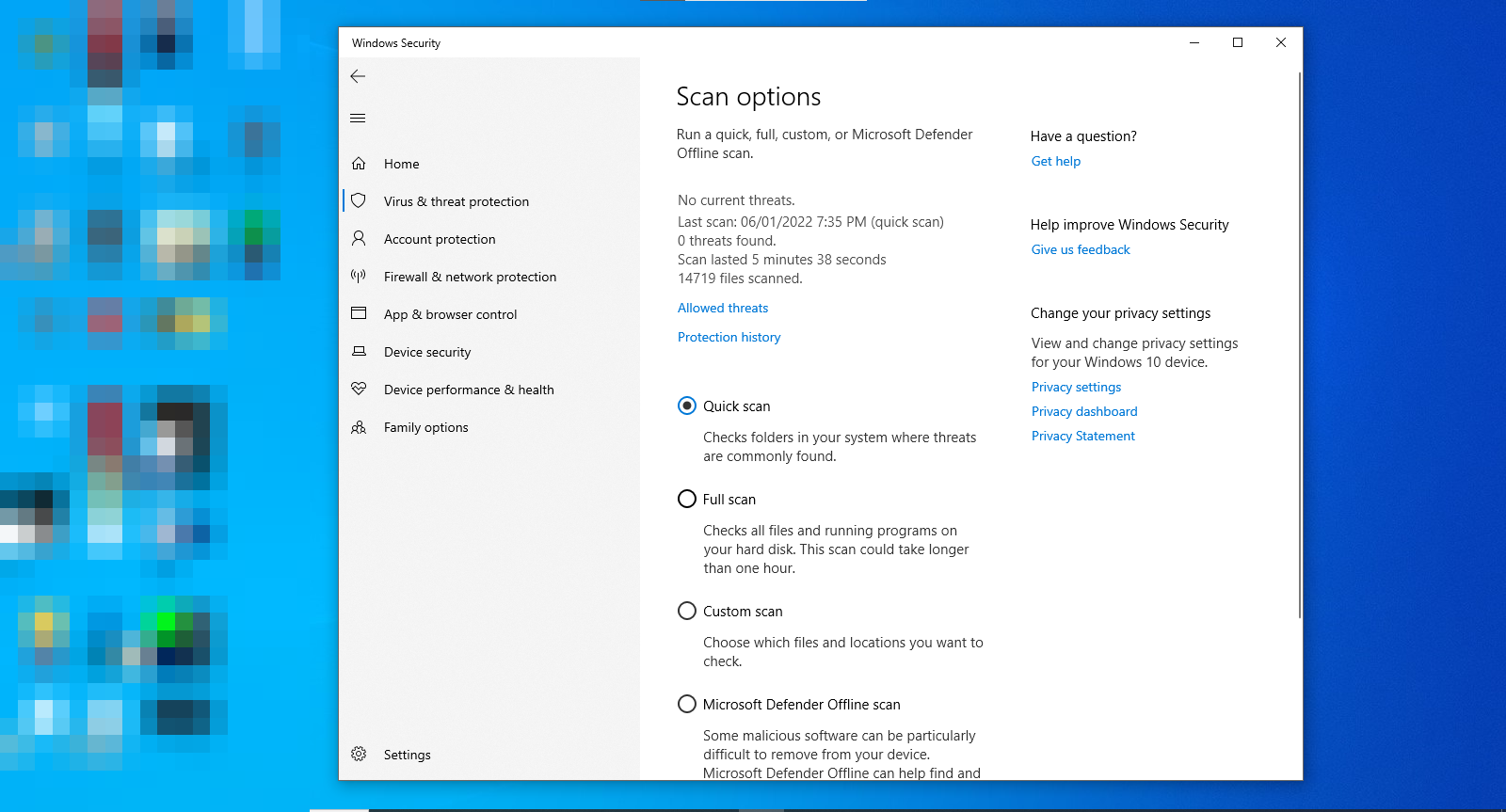 Choosing a Scan in Windows Security Settings