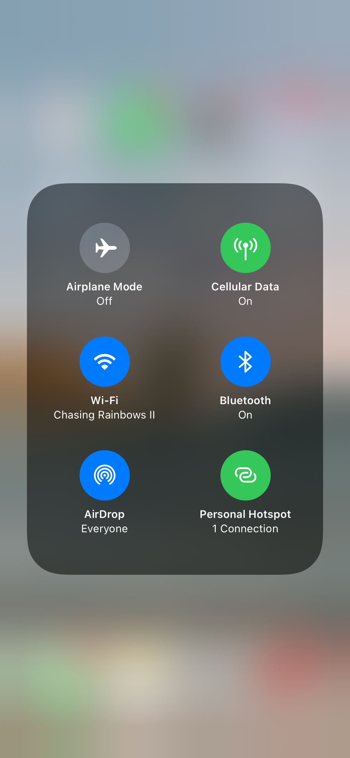 Control Center Connectivity Showing Personal Hotspot Connections