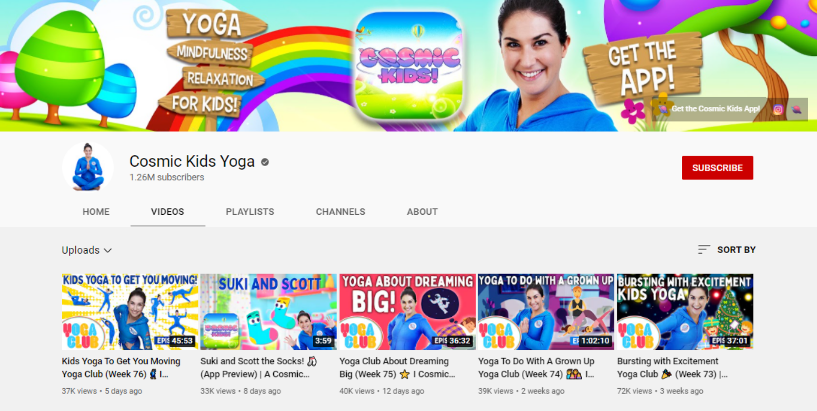 Cosmic Kids Yoga YouTube channel homepage