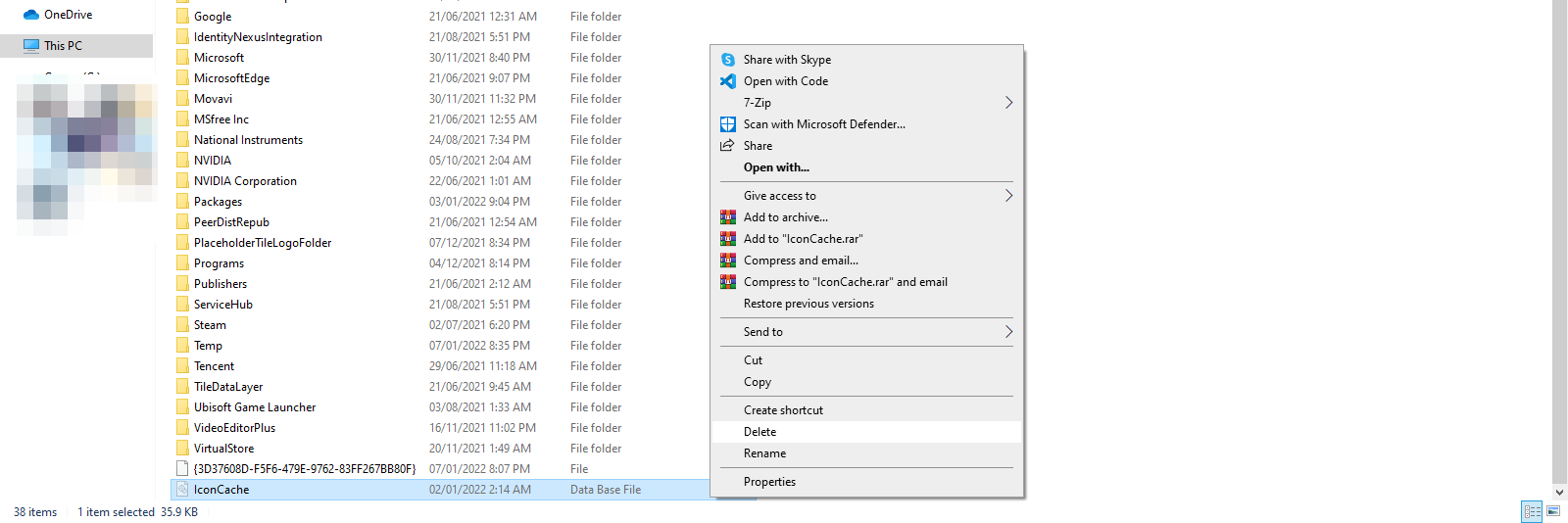 Deleting IconCache file in Windows 10