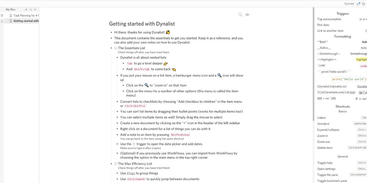 A visual of the Dynalist app getting started and instructions