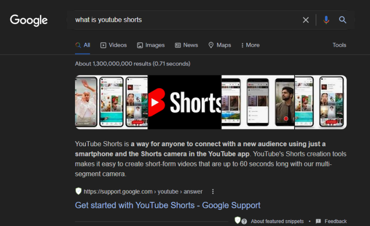 Featured snippet for what is YouTube Shorts