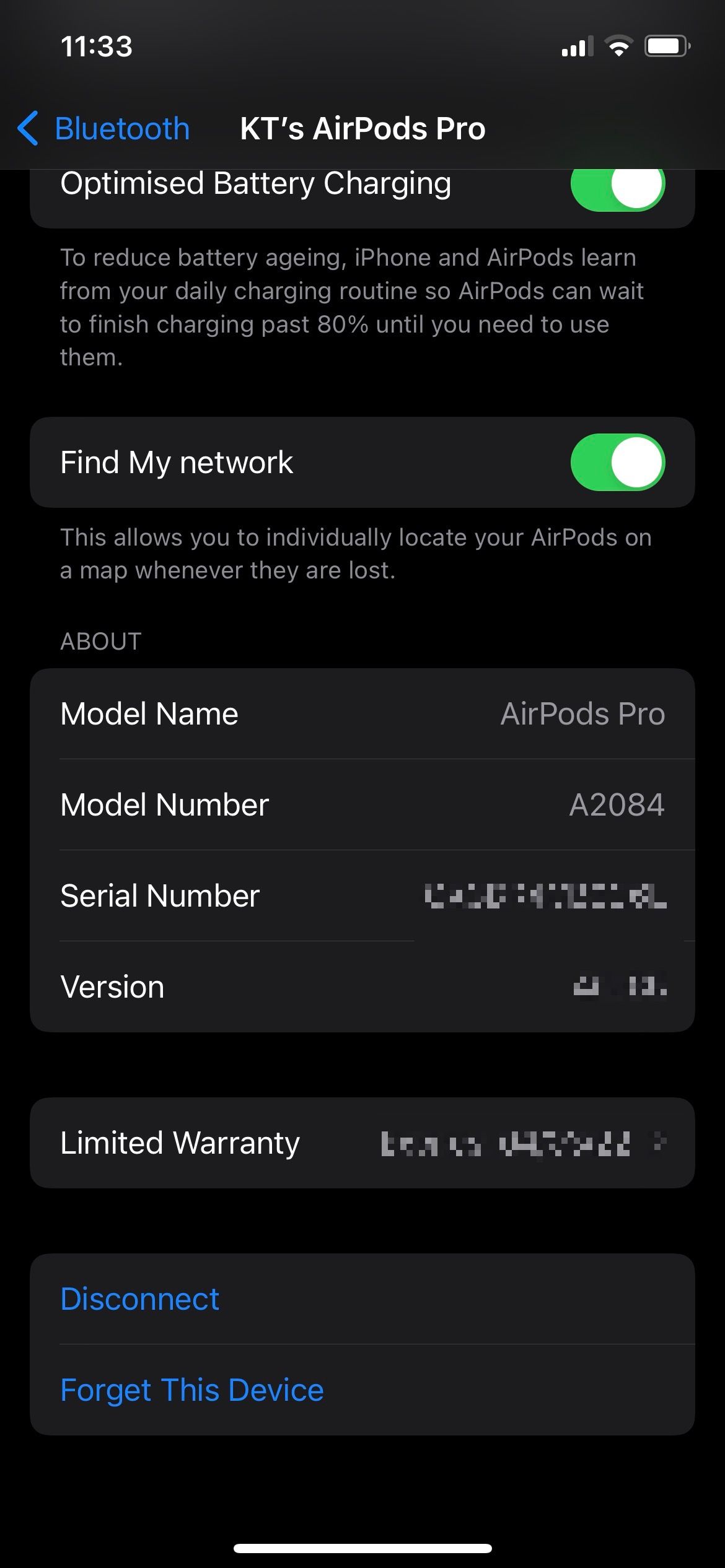 AirPods information on iPhone