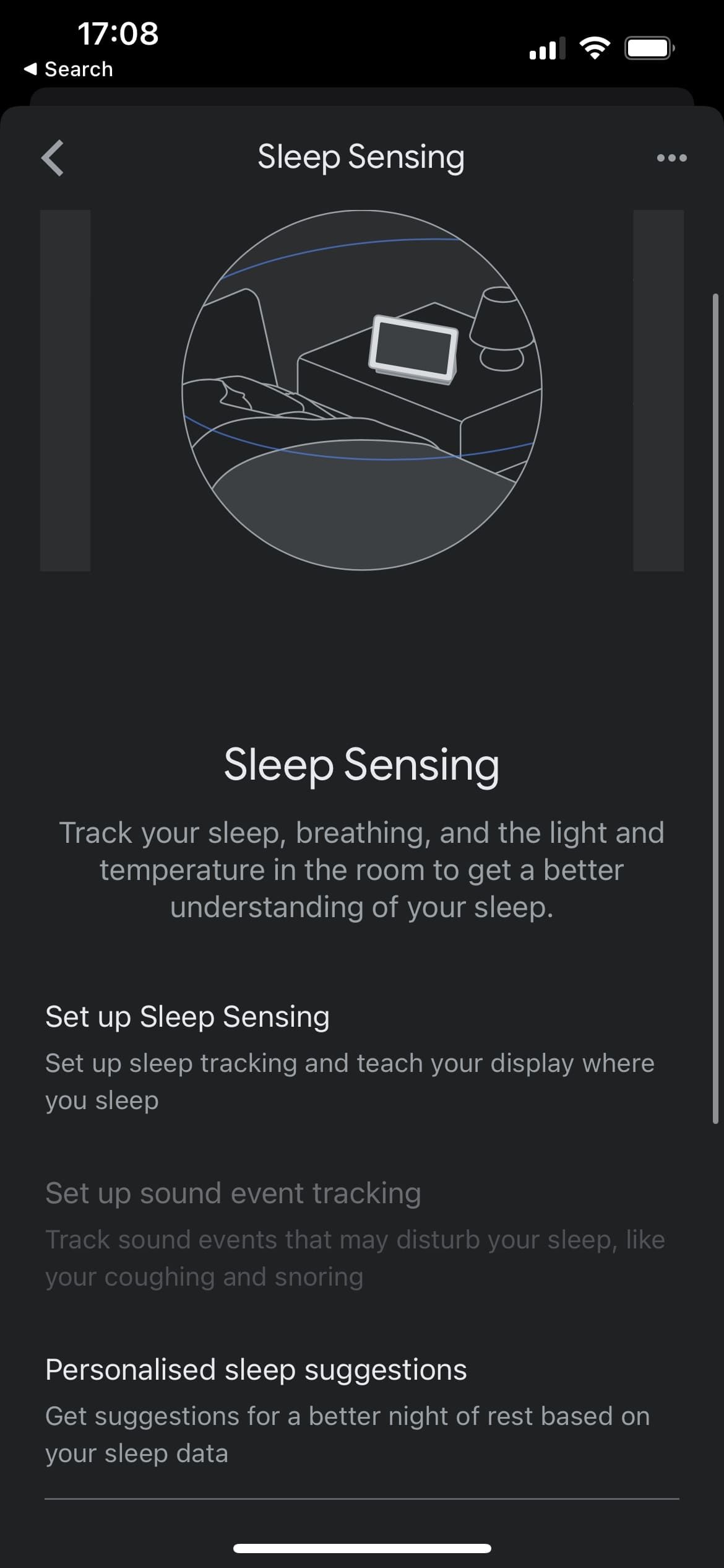 Google Home app  Sleep sensing menu