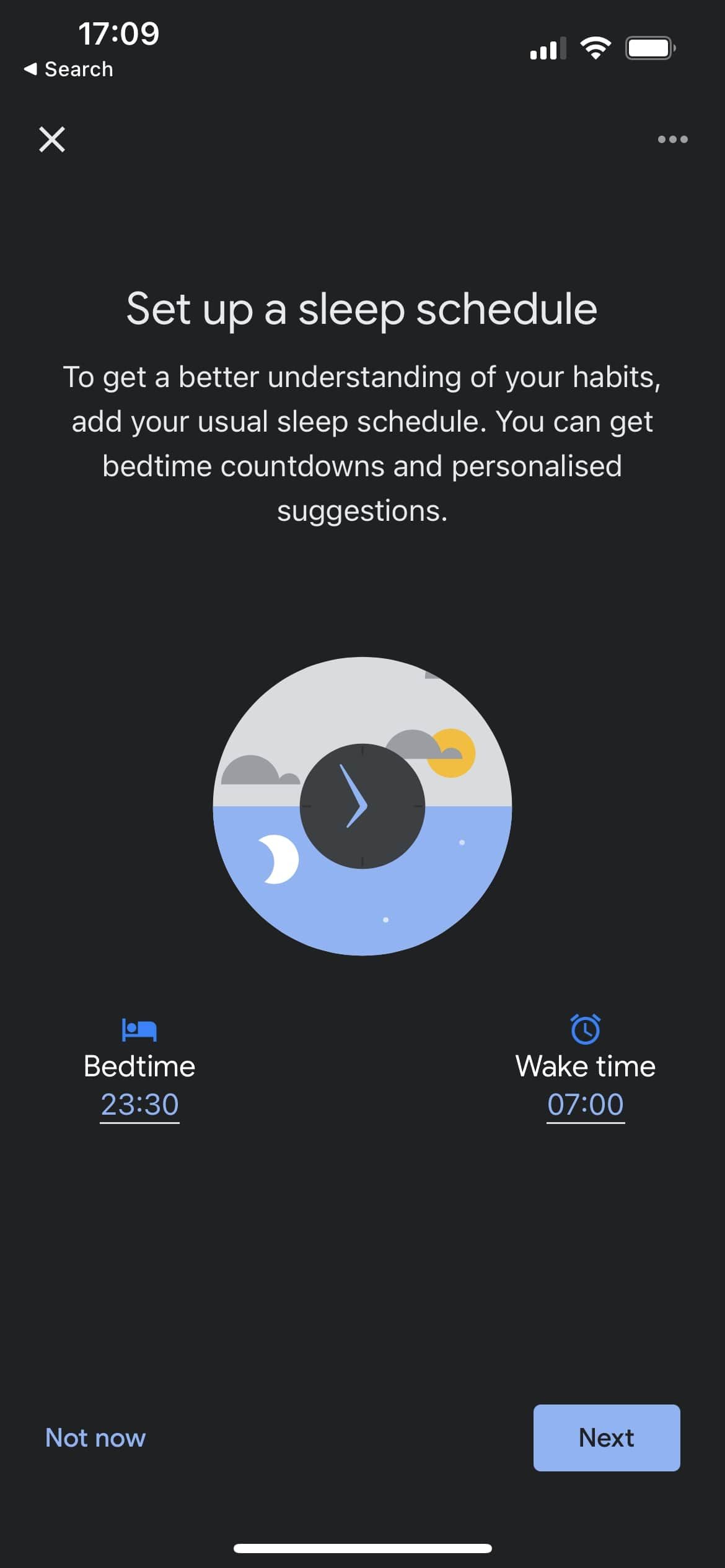 Google Home app sleep schedule menu