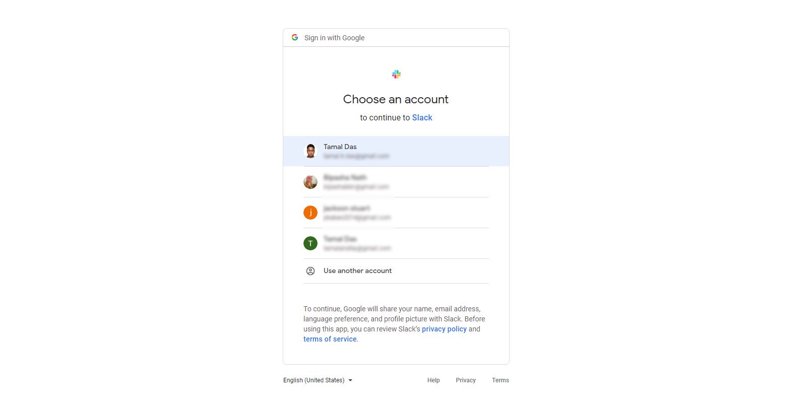 A visual of Google sign on in Slack