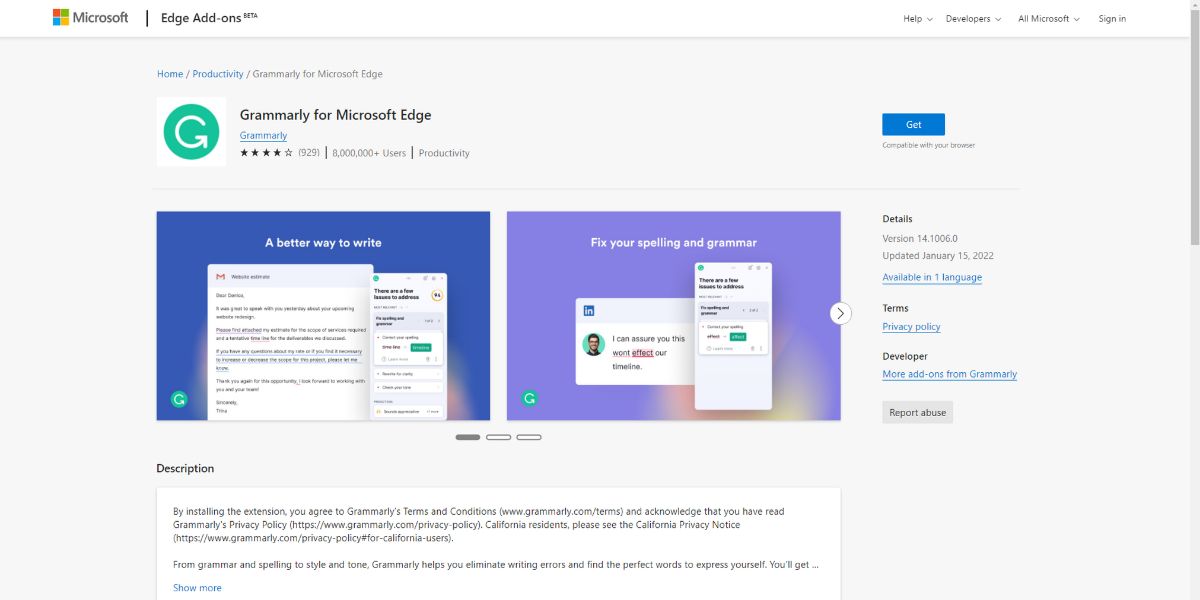 A visual of the Grammarly for Microsoft Edge add-on