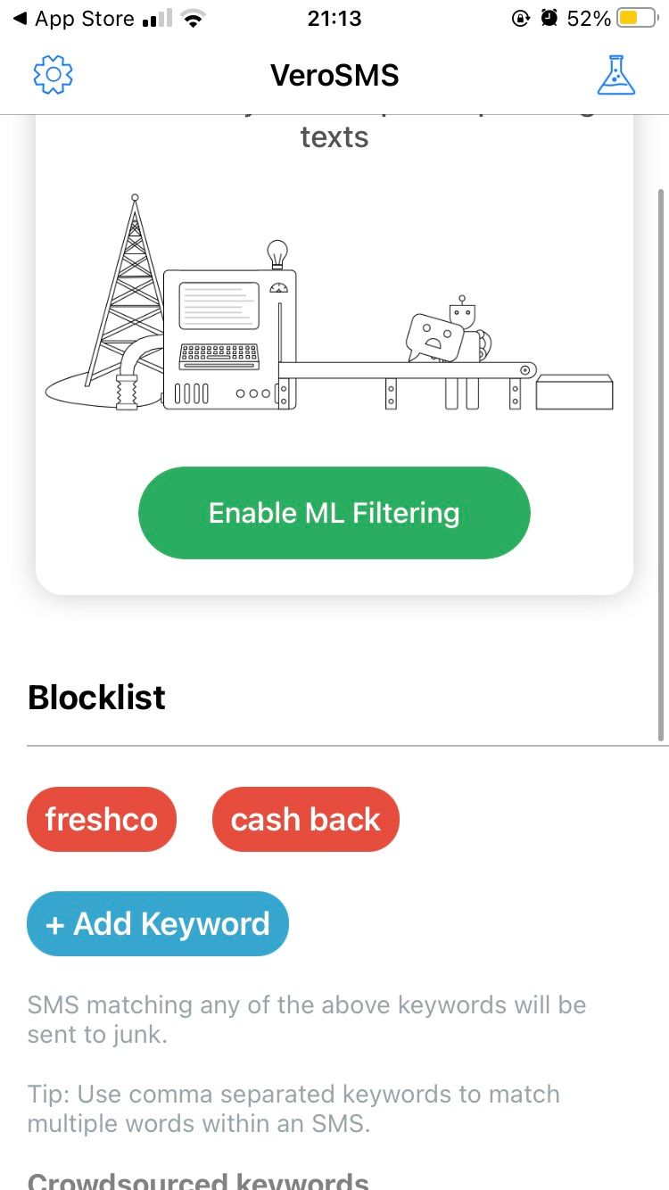 The Blocklist feature on VeroSMS iOS app.