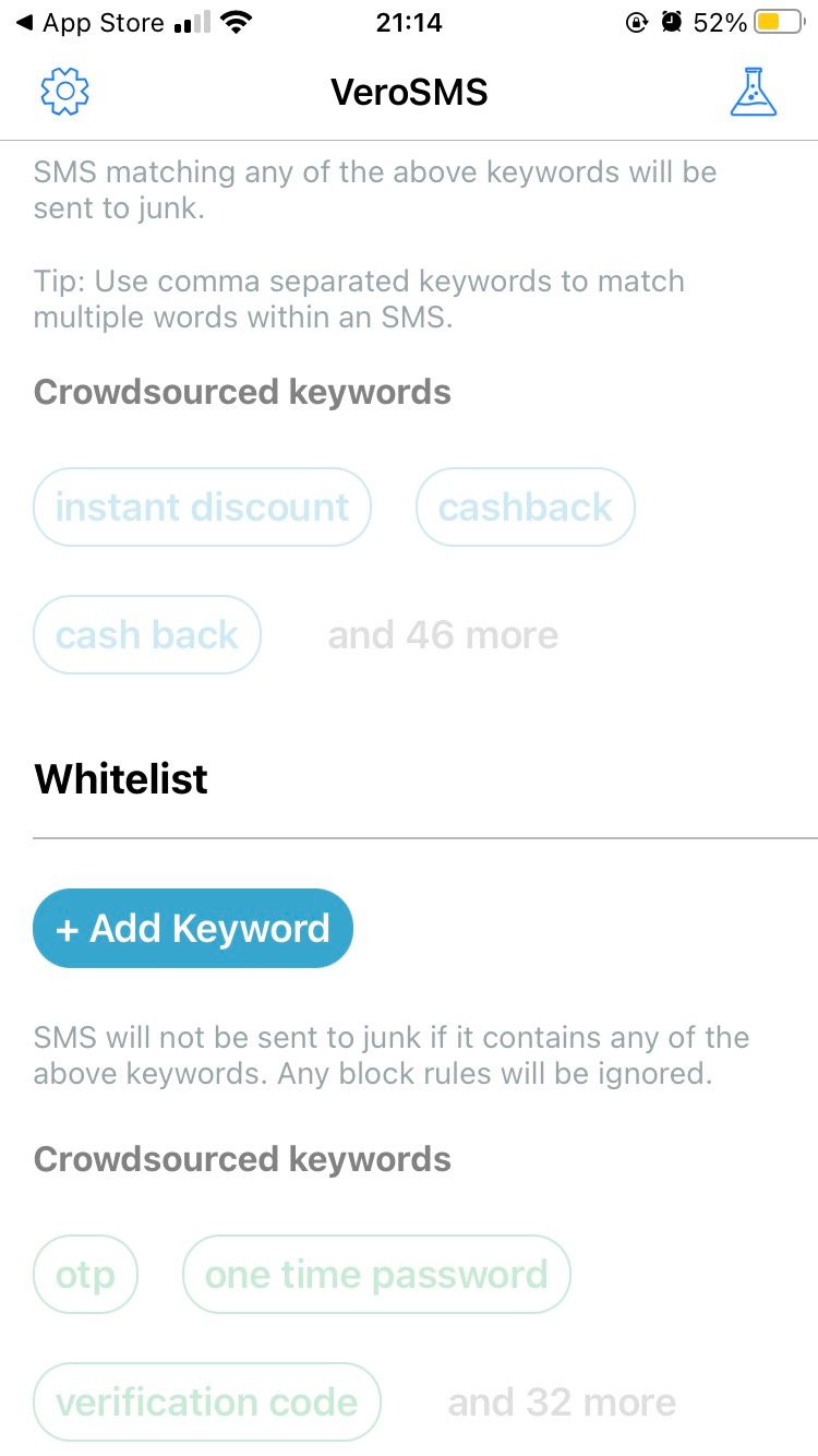 The Whitelist feature on VeroSMS' iOS app.