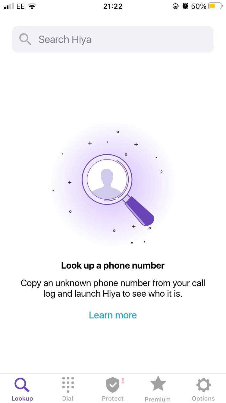 The Phone Number Lookup feature on iOS app Hiya.
