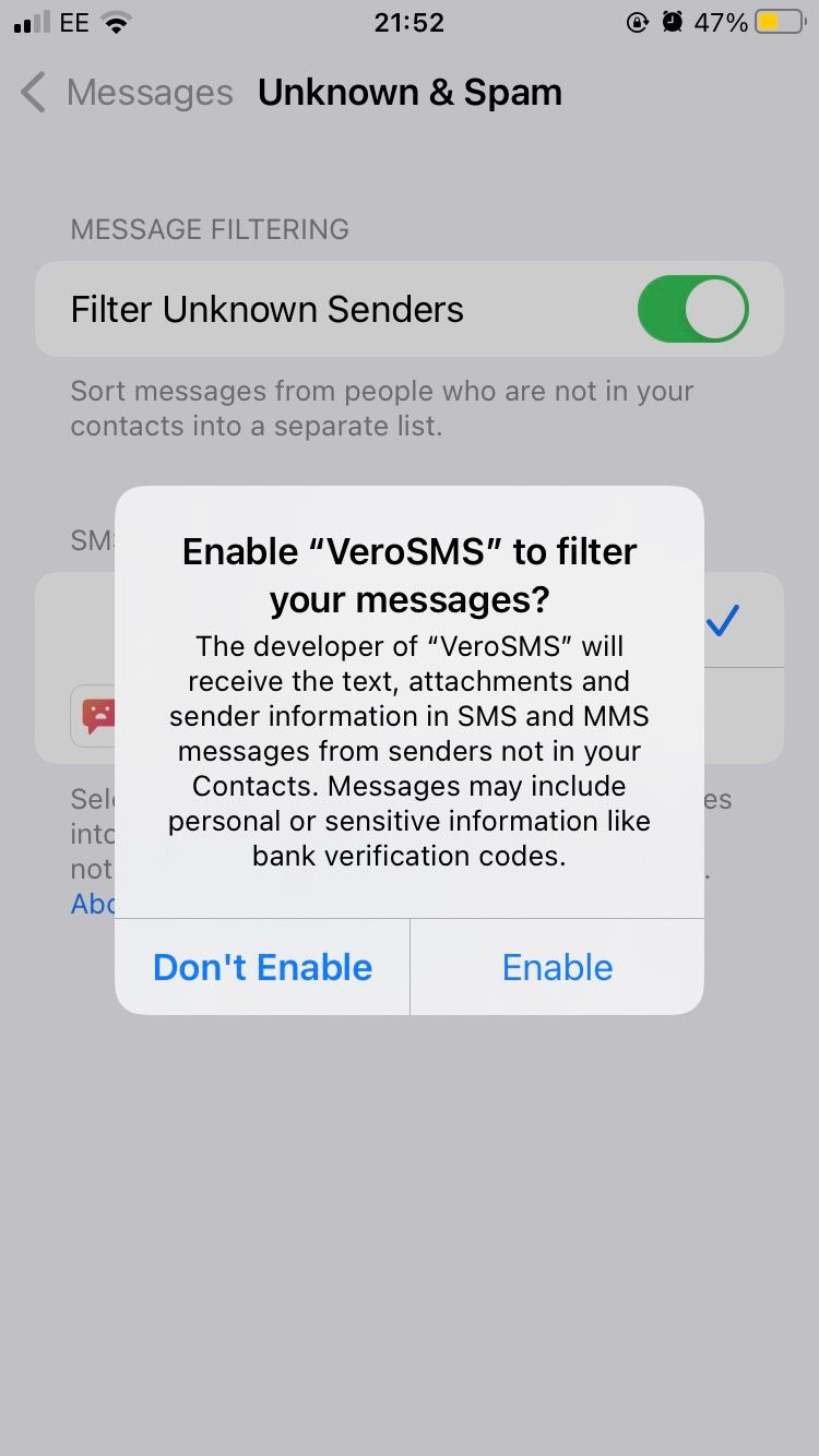 A popup offering to enable VeroSMS to filter messages on iOS Settings.