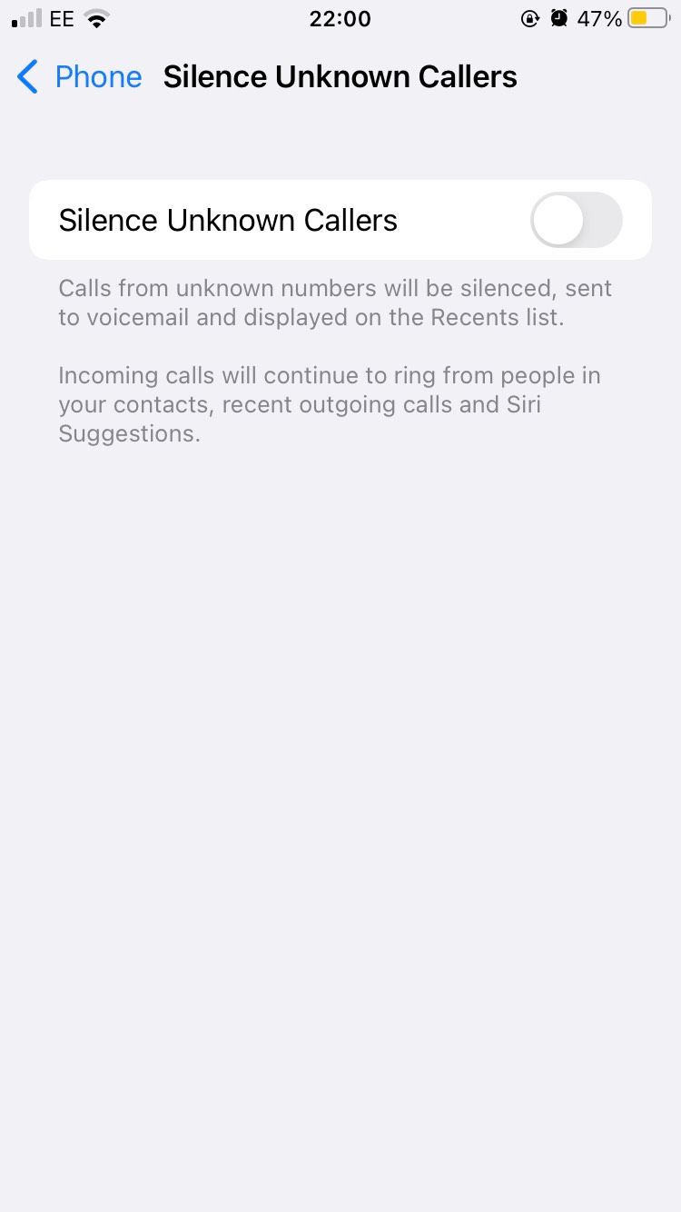 The Silence Unknown Callers toggle feature on iOS Settings.