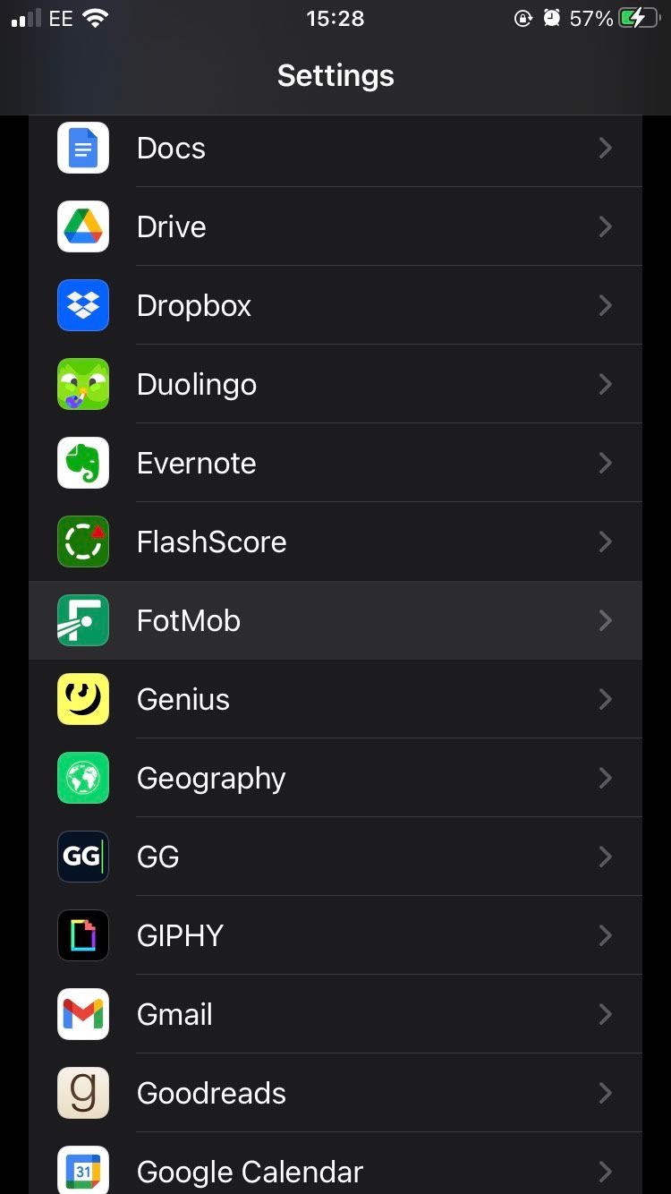 The FotMob app being selected on a list of apps on the Settings iOS app.