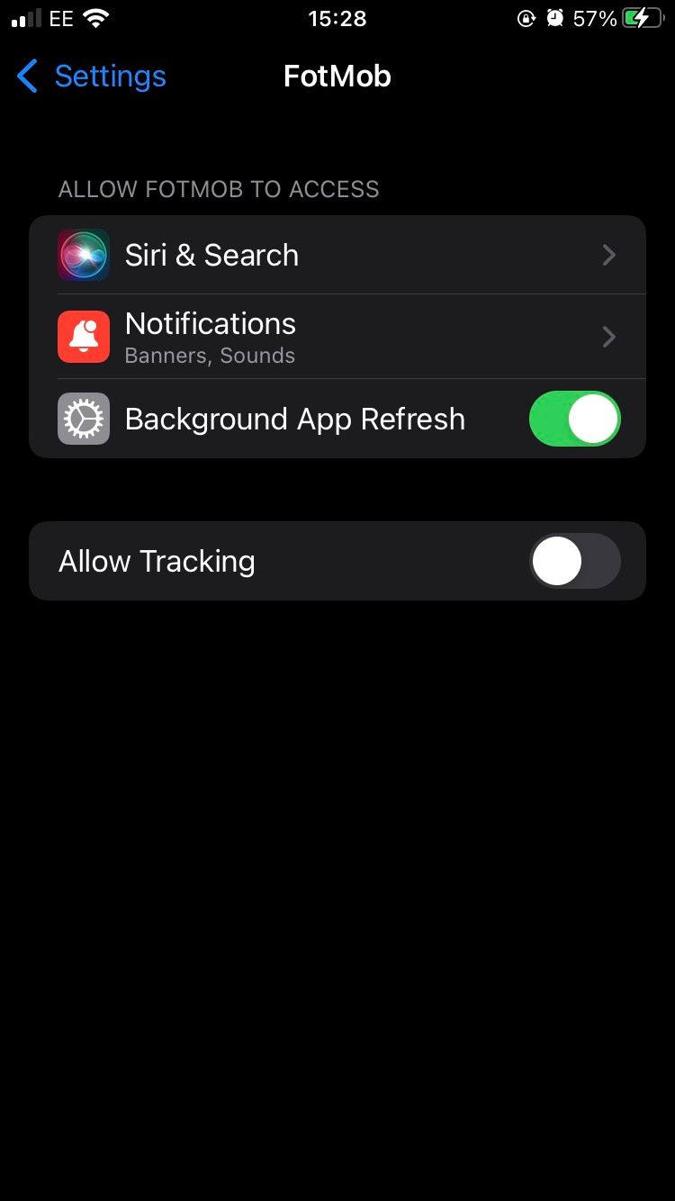 The Allow Tracking toggle bar switched off for FotMob on the iOS Settings app.