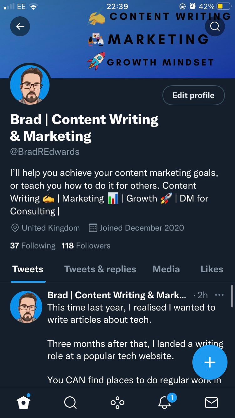 A niche-specific Twitter profile about content writing and marketing.