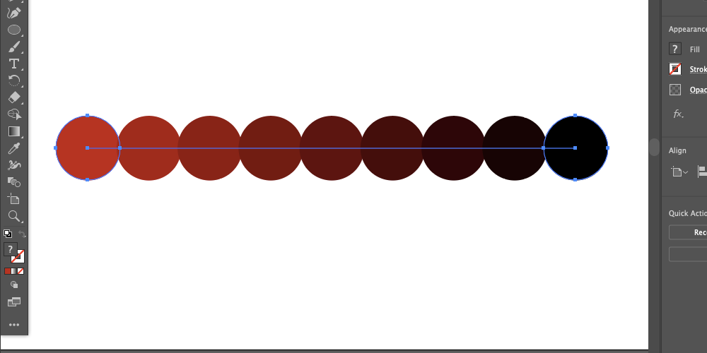 Illustrator dartboard showing results of Object>Blend>Make, showing gradient of coloured circles from red to black.