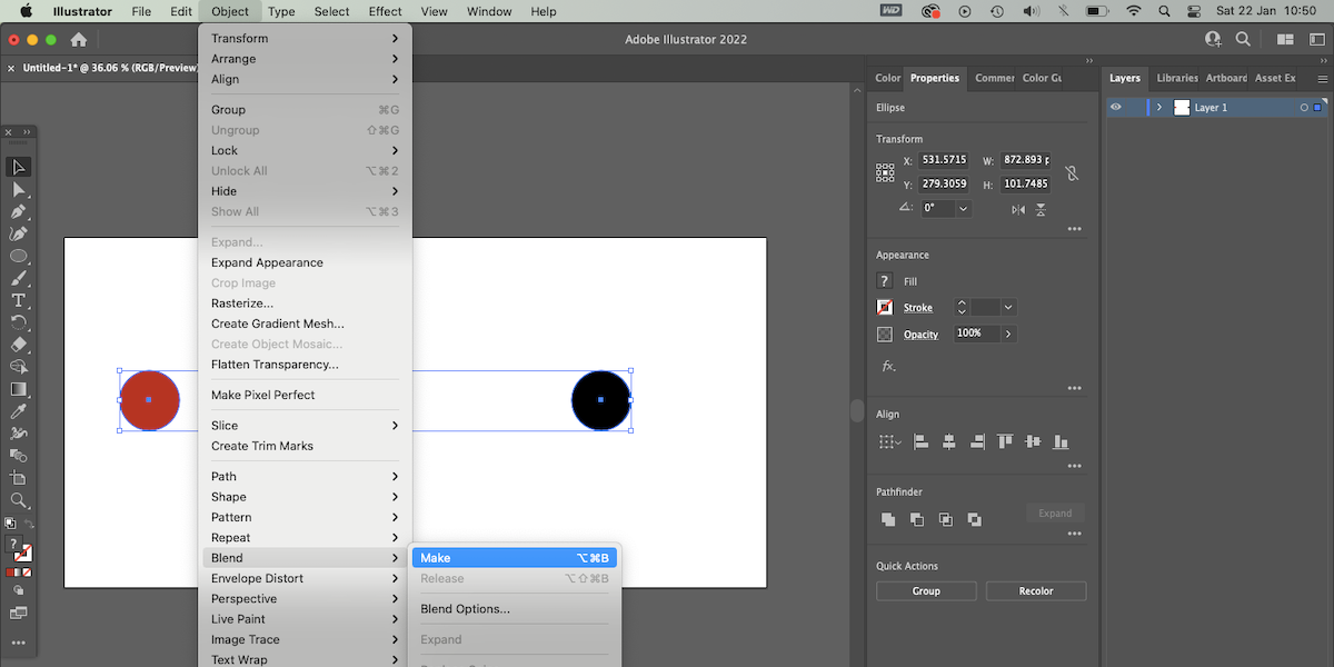 Illustrator screenshot demonstrating Object>Blend>Make