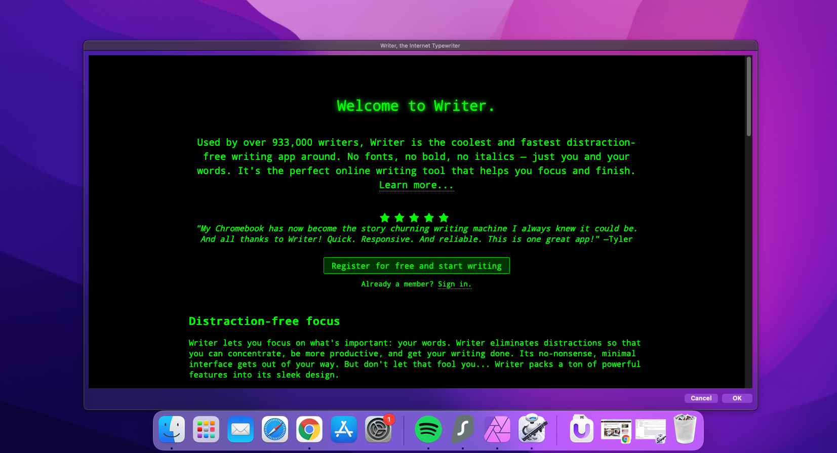 Internet Writer running as Mac desktop app