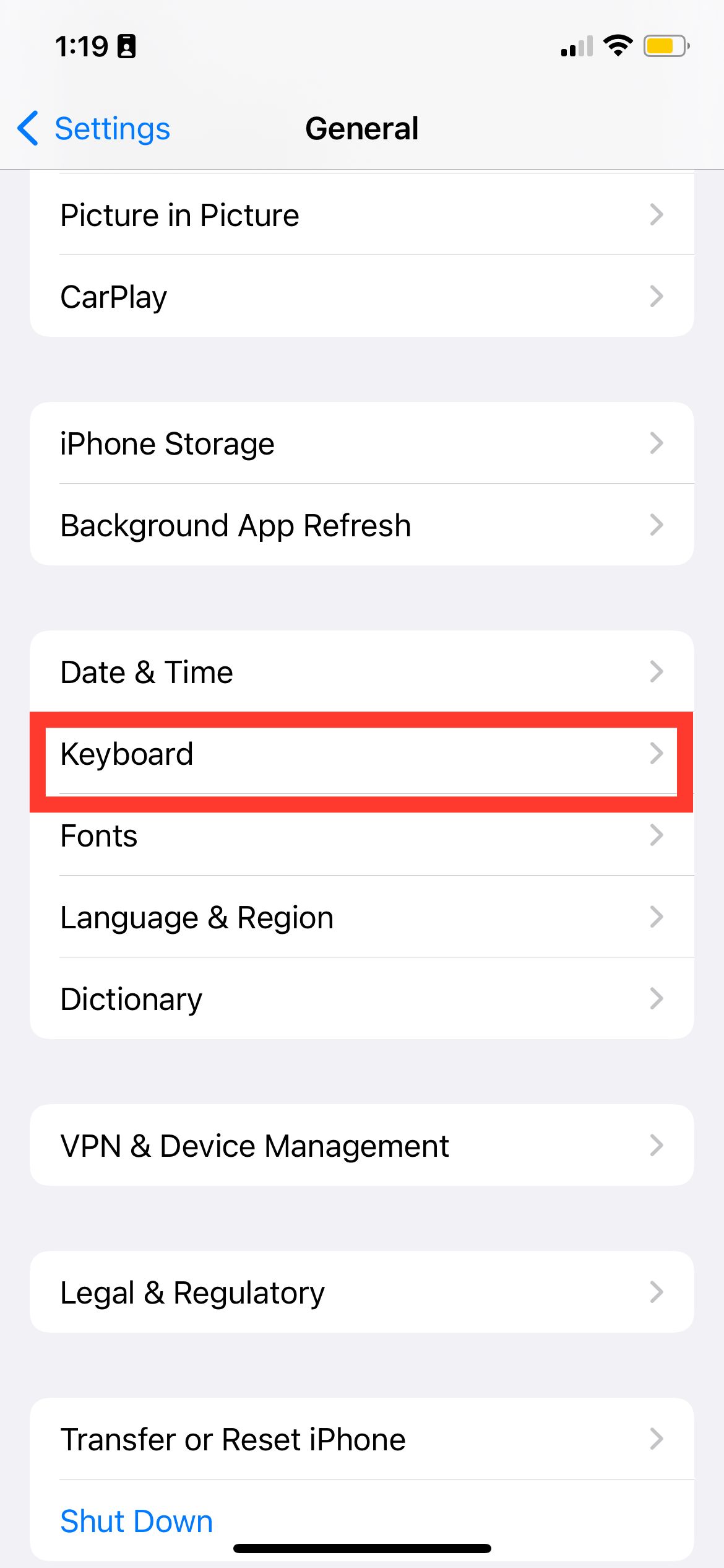 Keyboard from General in iPhone